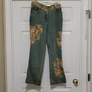 ❣️Newport News Jeanology collection washed leopard velvet patchwork jean…